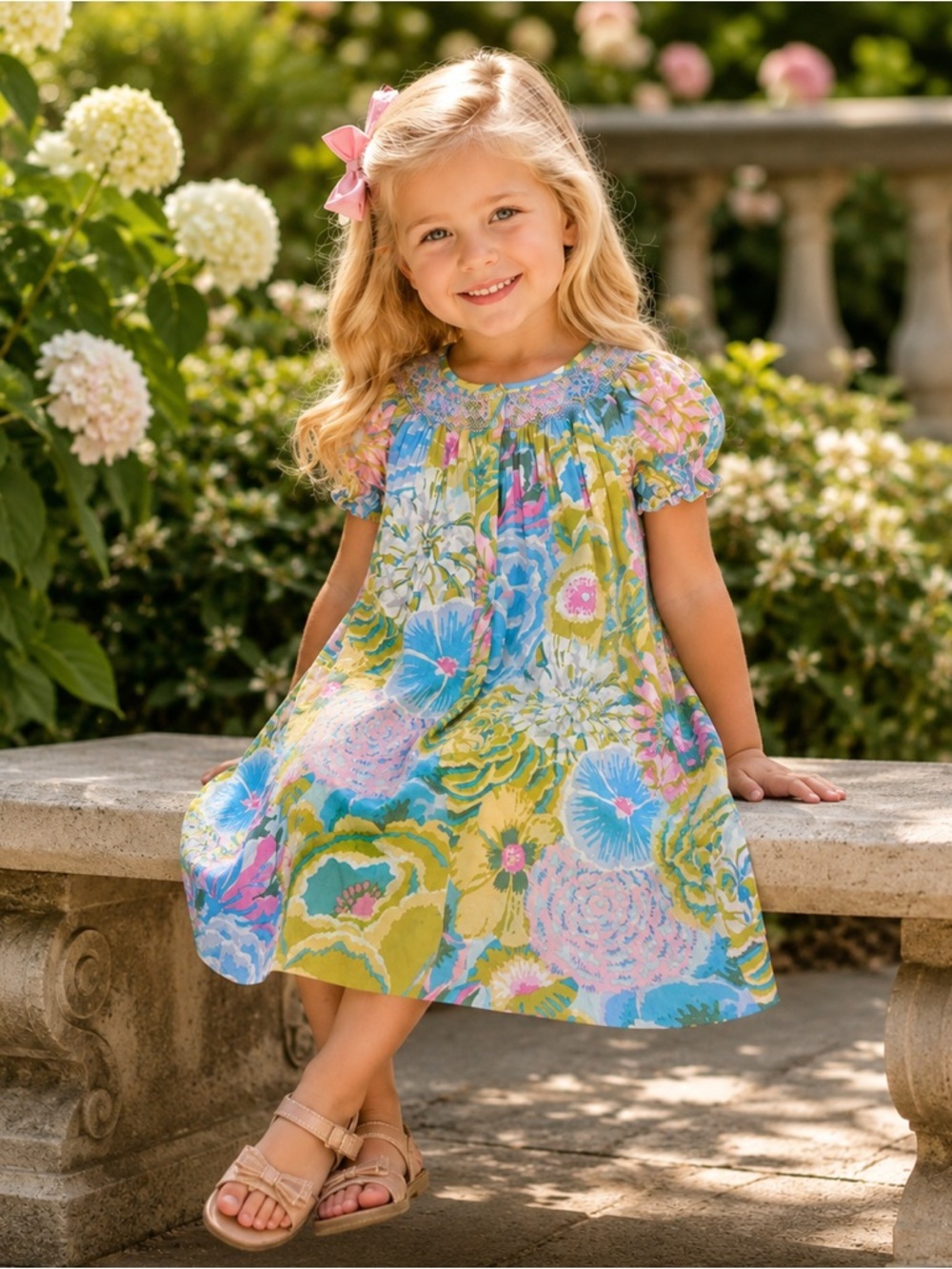 Le Za Me 100% Cotton Hand Smocked El Salvador Girls Dress Tea Length Floral 4 LN